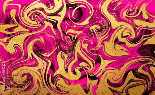 Hot pink and gold rectangle marble texture with liquid watercolor stains, chaotic golden foil swirls, vortices, twists. Swirling pattern hand drawn decoration, painted artistic text background.