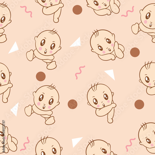 Set Cute Baby Babies Boy Cartoon Flat With Abstract Brown Object Collection Illustration Lite Pink.