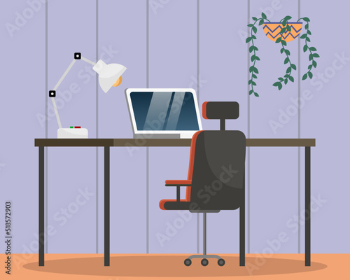 Empty office workplace interior design. Business objects, vector elements and equipment. Modern office with furniture, laptop on table, chairs, workspace at home or office premice without employees