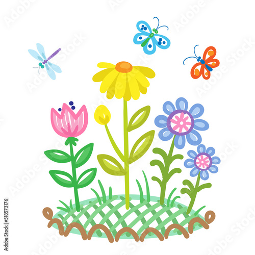 Children's drawing. Bright butterflies and flowers in a flower bed. In cartoon style. Isolated on white background. Vector flat illustration