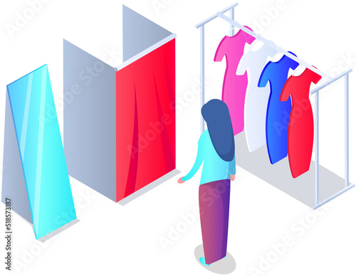 Choosing clothes in store, shopping concept. Female buyer chooses clothing in dressing room. Customer trying on dress in mall vector illustration. Woman stands in fitting room of store or boutique