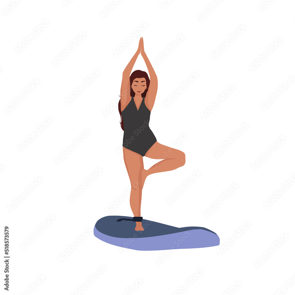 Woman in tree pose practicing yoga on SUP board Woman in tree pose practicing yoga on SUP board