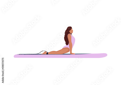 Yoga sup boarding. Paddle board and woman practicing yoga in Upward-Facing Dog pose