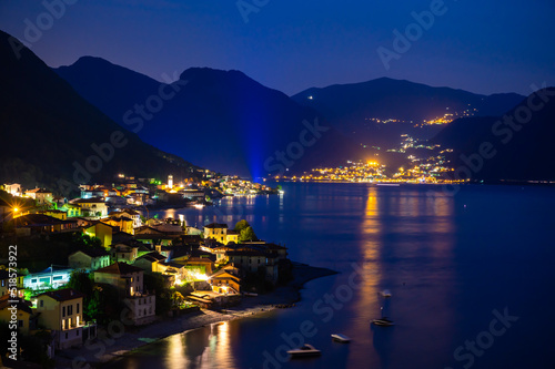 The village of Lezzeno and the panorama of Lake Como, photographed in the evening. 