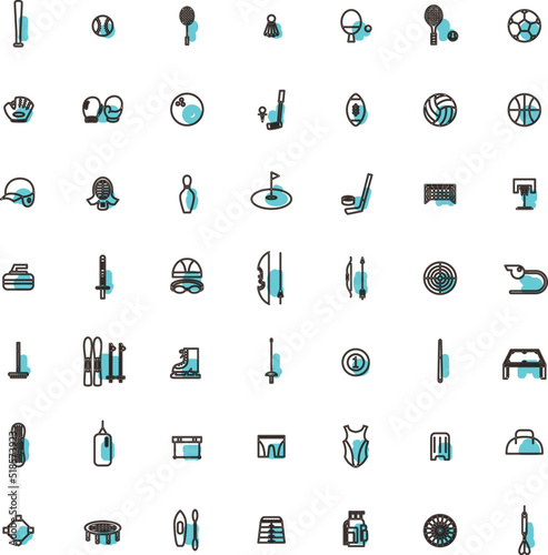 アウトラインアクセントのスポーツ用品アイコンセット（青）