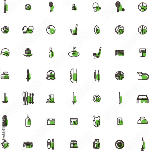 アウトラインアクセントのスポーツ用品アイコンセット（緑）