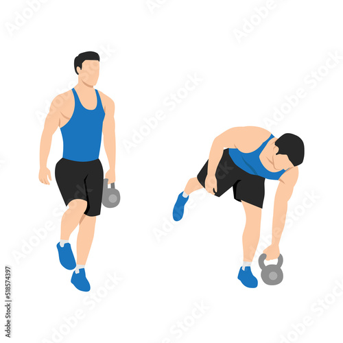 Man doing Kettlebell one legged deadlifts exercise. Flat vector illustration isolated on white background