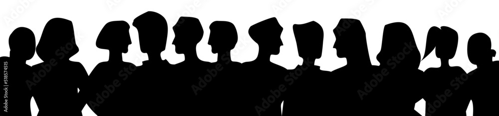 Vector de silueta de personas diversas juntas, retratos tipo busto. Ilustración negra sobre fondo blanco.

