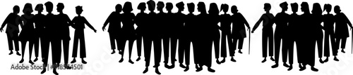 Vector silueta de grupos de personas diversas juntas. Ilustración figuras negras sobre fondo blanco.