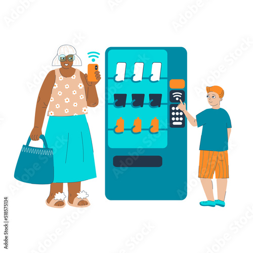 Granparents contactless payment using mobile phone. Senior grandma young boy cardless smartphone pay. Elderly generation woman new technologies. Oldies and teens vending machine. Vector illustration.