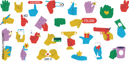 Fototapeta Naklejka Na Ścianę i Meble -  Set of trendy stylized hand gesture illustrations. Hands holding phone, pencil, cup, sushi and call to action. Colorful vector collection on white background