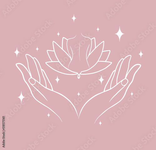 Pink background white line art of hands holding lotus with woman