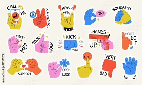 A set of trendy stylized hand stickers with different phrases for your project. Vector set of stickers on a white background