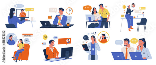 A set of call center workers and hotlines. Call center operator concepts communicate on the phone and solve problems. Online customer and patient support.