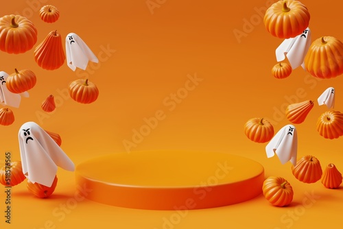 Podium with Halloween pumpkins and hosts on yellow background. 3d render