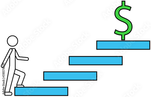 Personal development, businessman moving towards profit, effective income with dollar sign. Strategy management, capital, human leadership. Man walking stairs up to success, achievement with money