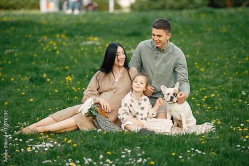 Pregnant mother and her little daughter and husband sitting on a grass in a park