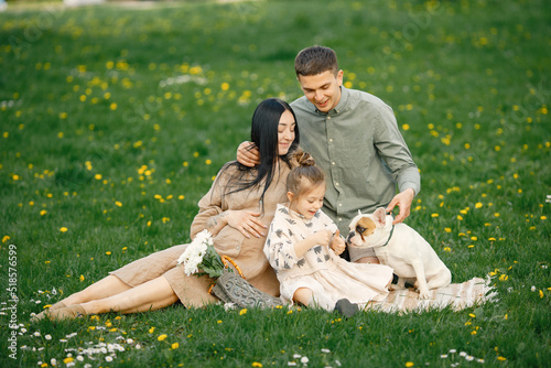 Pregnant mother and her little daughter and husband sitting on a grass in a park