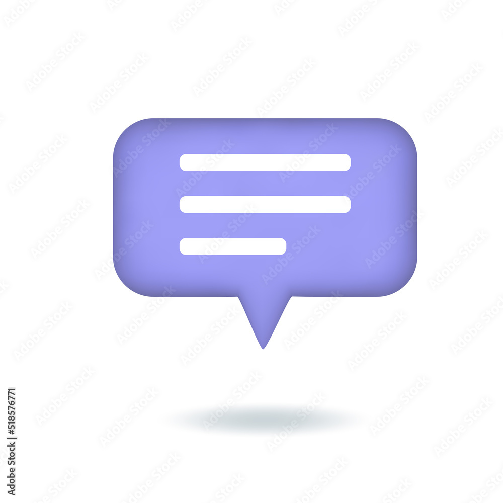 Vector illustration. 3d chat icon, comment, speech bubble with three lines. Rectangular button isolated on white background. Vector illustration. 3d chat icon, comment, speech bubble with three lines. Rectangular button isolated on white background.