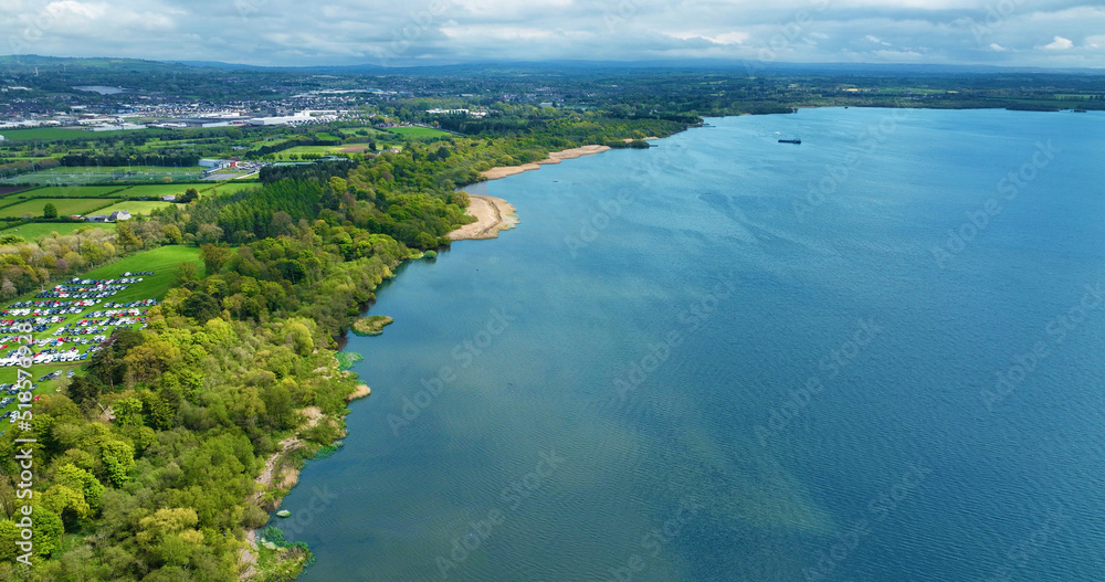 Aerial photo of a blue Lough Neagh Lake Co Antrim Northern Ireland