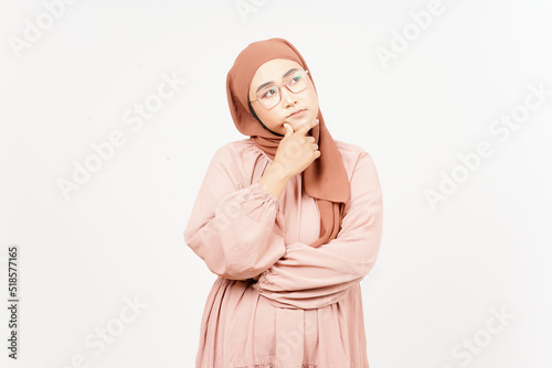 Thinking gesture of Beautiful Asian Woman Wearing Hijab Isolated On White Background