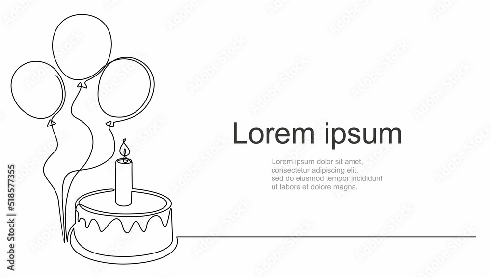 Continuous line drawing of birthday cake and balloons. Cake with sweet