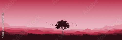 silhouette of tree in the middle of mountain landscape vector illustration good for wallpaper, banner, background, backdrop, web, adventure, travel, and template © FahrizalNurMuhammad