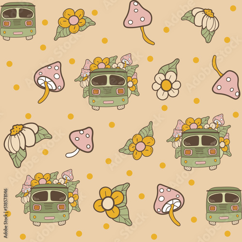 Beautiful colorful seamless pattern with cartoon cars, flowers and mushrooms. Travel car with flowers, leaves and mushrooms. House on wheels. Travel, vacation. Vector illustration.