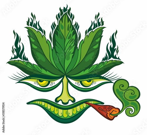 Decorative illustration of  canabis leaf with face. Canabis eyes