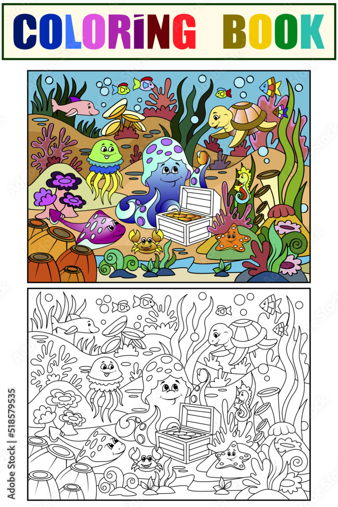 Example. Children color and coloring book, underwater world. Marine nature, animals and fish.