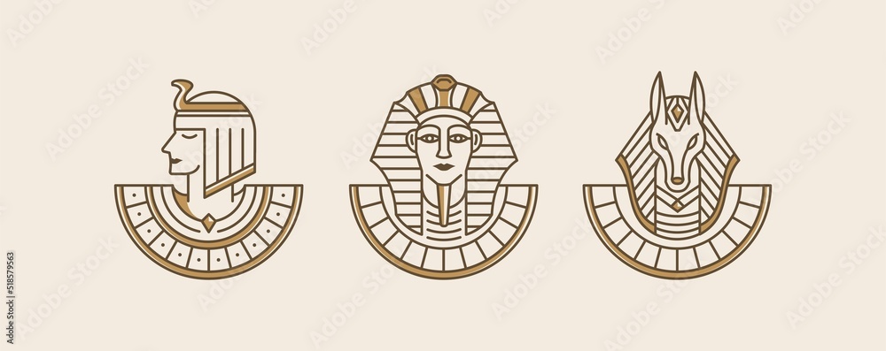 Cleopatra, pharaoh and Anubis Ancient Egypt god vintage art hipster line art Illustration vector. vintage artwork linear style collection set. wallpaper art of Egypt gods.  - obrazy, fototapety, plakaty 