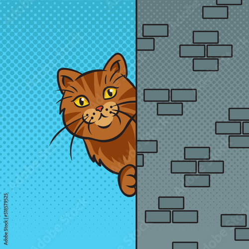 cat peeking out from around the corner pop art retro vector illustration. Comic book style imitation.