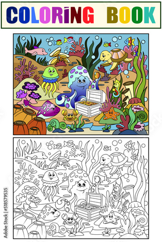 Example. Children color and coloring book  underwater world. Marine nature  animals and fish.
