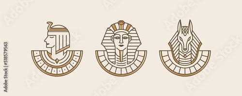 Tela Cleopatra, pharaoh and Anubis Ancient Egypt god vintage art hipster line art Illustration vector