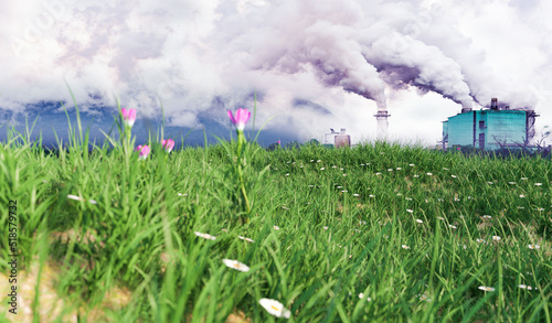 Canvas Print comparing air pollution and factory with green grass field with flower, environm