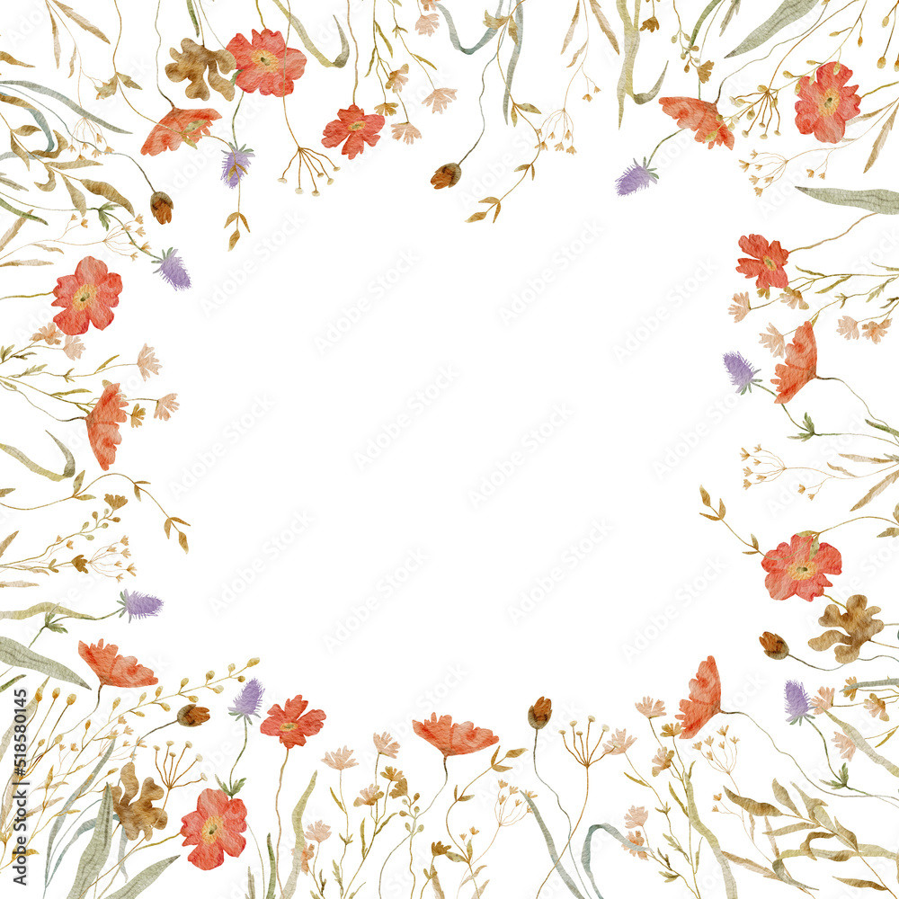 Watercolor frame with little wild flowers isolated on white background