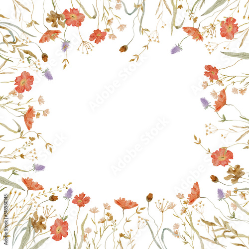Watercolor frame with little wild flowers isolated on white background