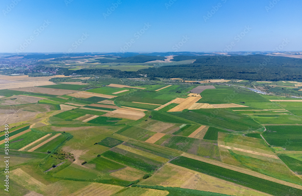 an aerial view of many cultivated fields