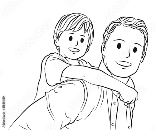 Father give his son piggyback ride outline people cartoon illustration