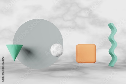 Marble sphere gray cilynder terracotta cube turquoise wave cone zero gravity abstract shapes 3D rendering. Geometry minimal style futuristic creative design Creative modern levitating geometric figure photo