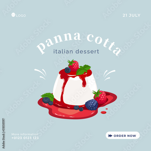 Sweet dessert panna cotta with raspberries, blueberries and blackberries sprinkled with syrup. Vector, banner