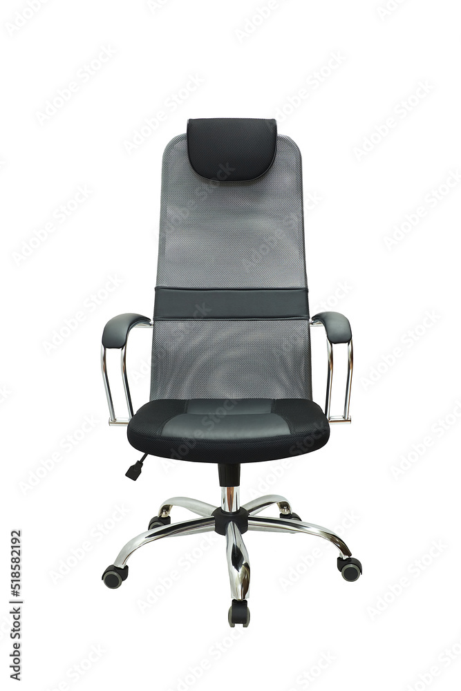 grey office fabric armchair on wheels isolated on white background, front view grey office fabric armchair on wheels isolated on white background, front view