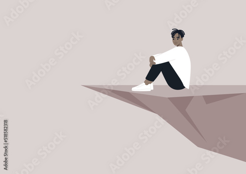 A young character sitting on the edge of the cliff, a depressive episode