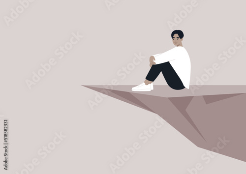 A young character sitting on the edge of the cliff, a depressive episode