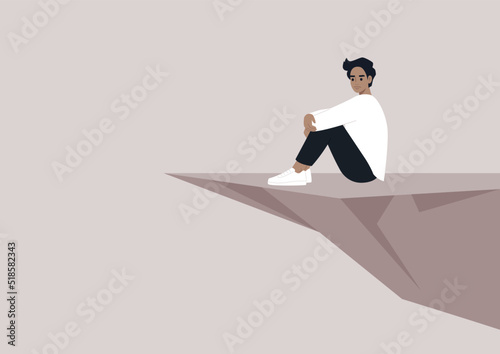 A young character sitting on the edge of the cliff, a depressive episode