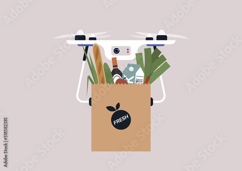 A drone delivering grocery in a brown paper bag, organic food concept