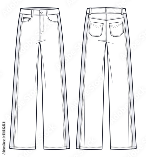 Unisex Jeans pants, Leather pants fashion flat technical drawing template. Jeans medium waist, flared fit, women, men, front view, back view, white, CAD mockup.