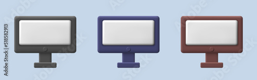 Claymorphism Monitor. Cartoon 3d monitor. Vector set isolated on white background. 