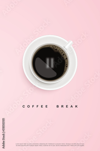 Black coffee in white cup on pink background. design for poster advertisement flyer Vector Illustration