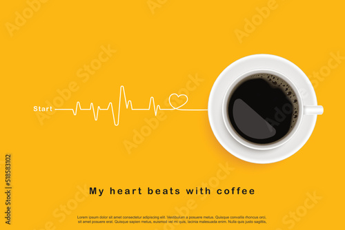 Black coffee in white cup on yellow background. design for poster advertisement flyer concept. Vector Illustration photo